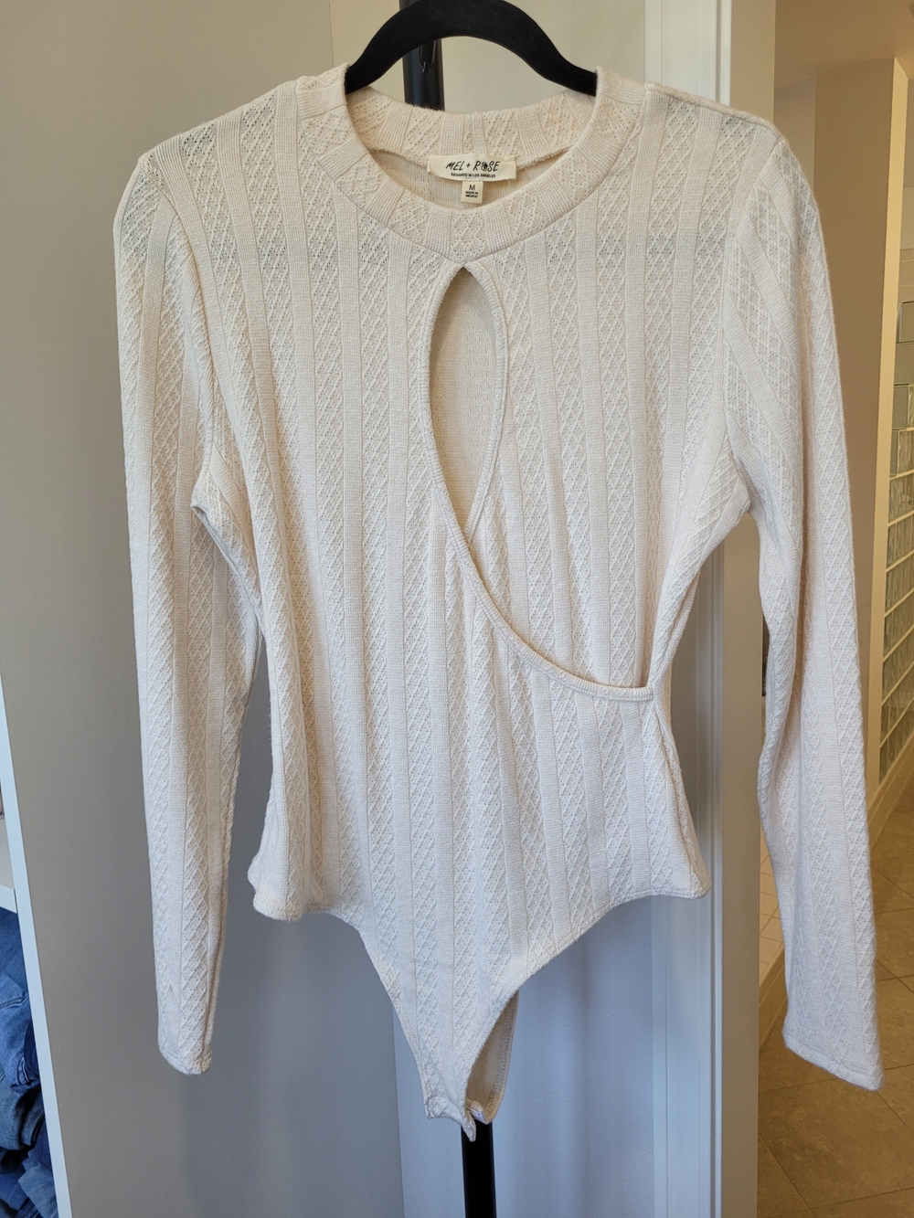 Cream Ribbed Long-Sleeve Cutout Bodysuit